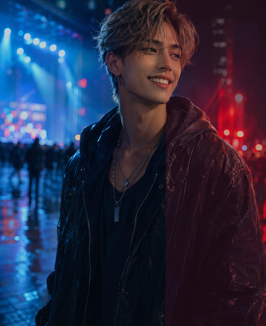Matt smiling under city stage lights.