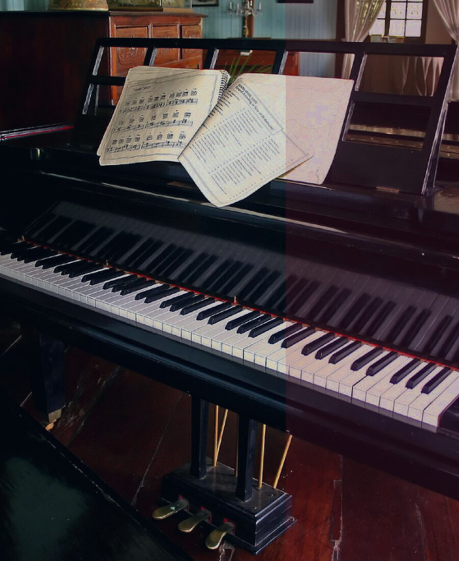Grand piano with sheet music.
