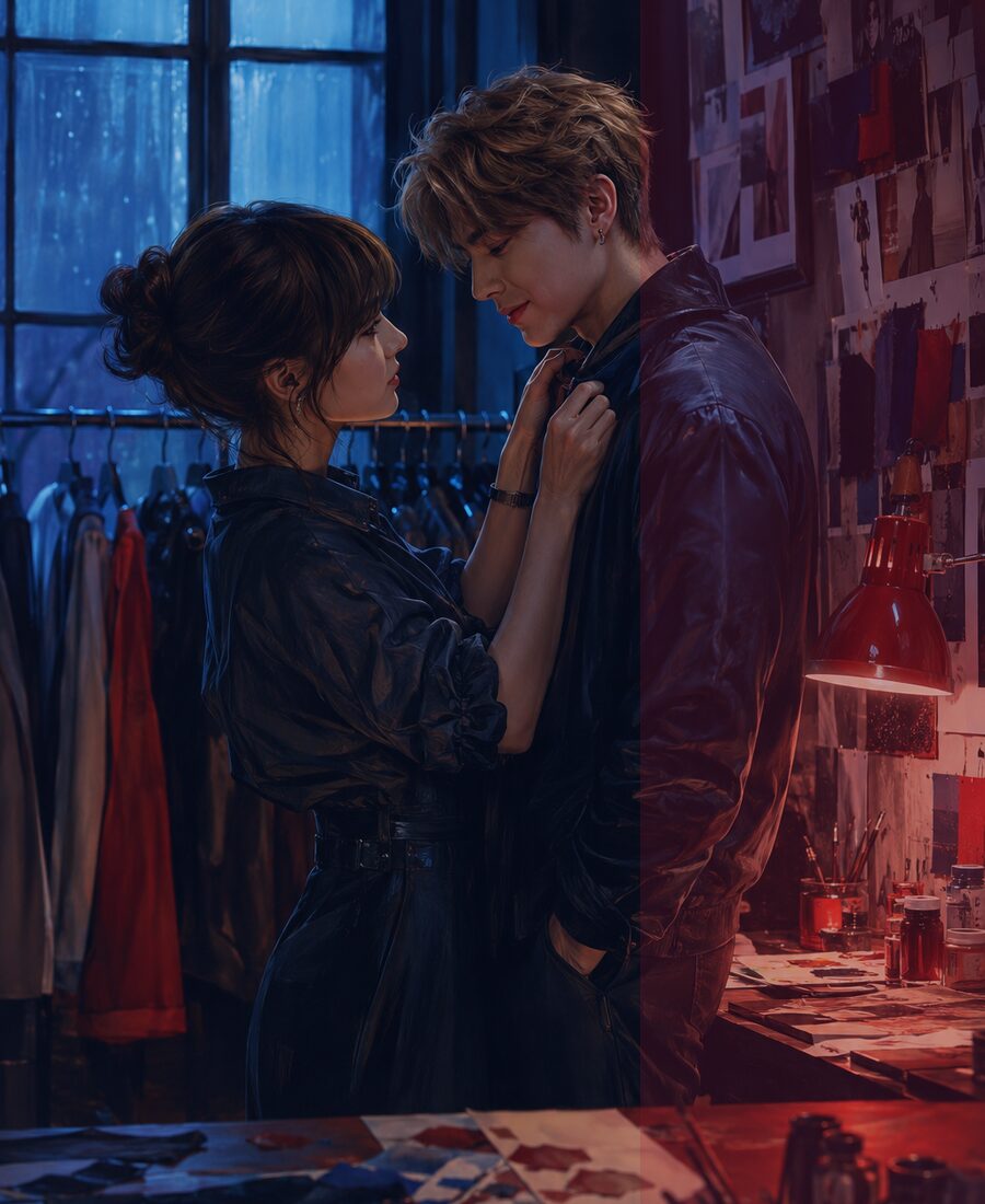 Jo adjusting Matt's jacket in her creative studio.