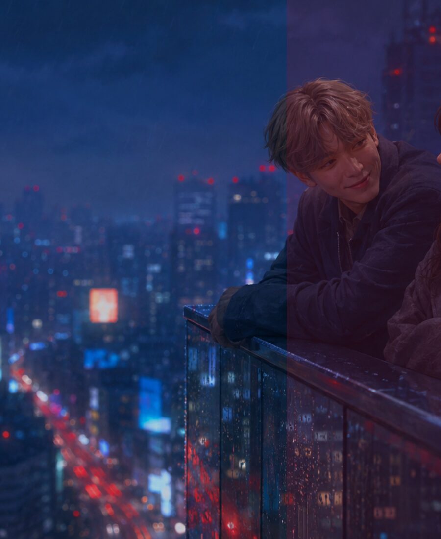 Matt and Jo on a rainy balcony over Seoul.