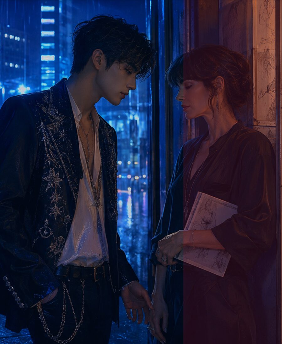 Matt and Jo in a doorway between city and studio.