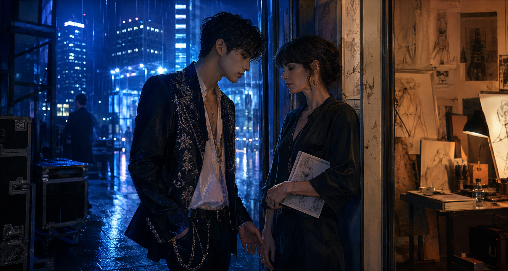 Fictional young idol and older visual artist standing close in blue rain near an art studio.