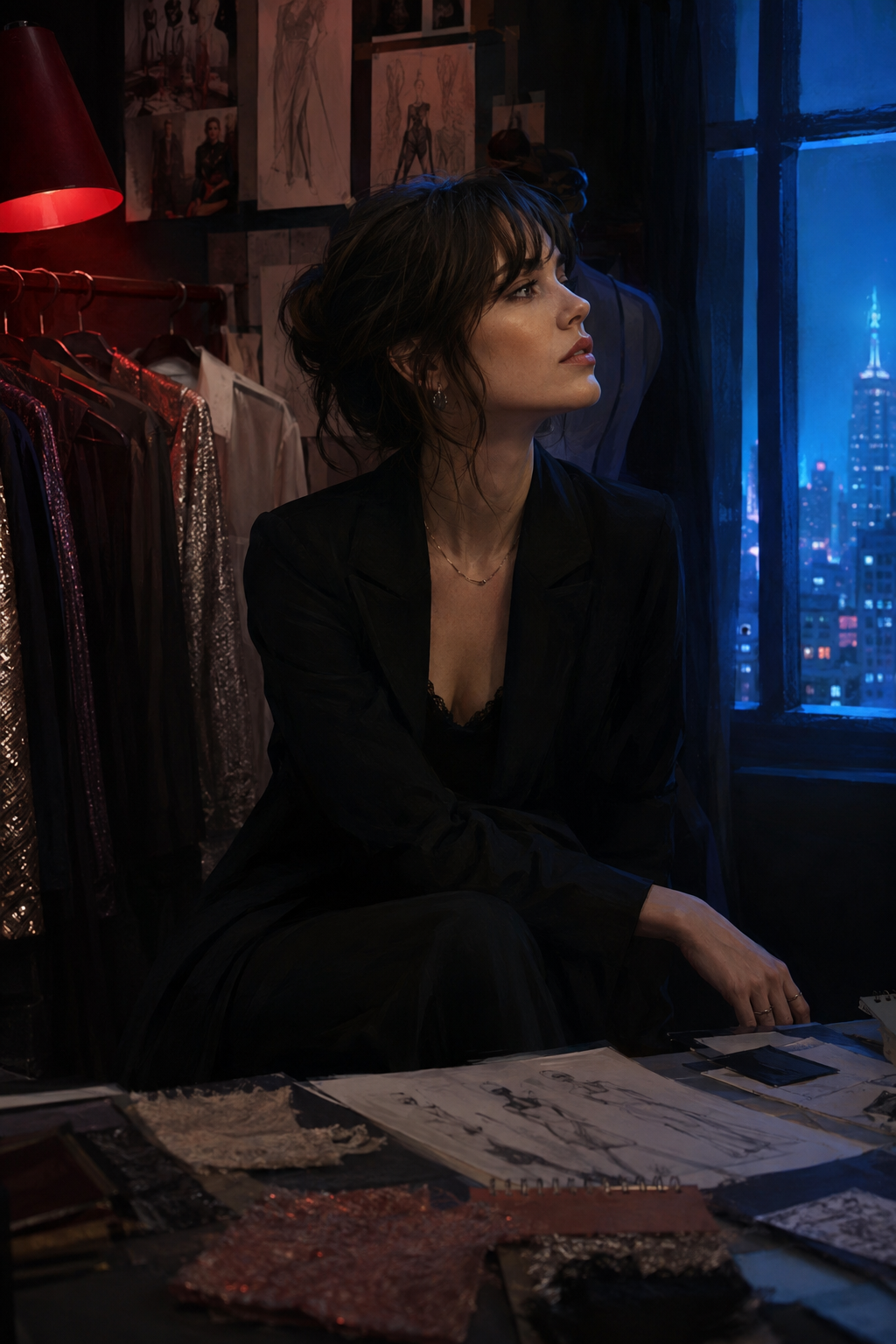 Fictional portrait of Jo, a pretty stylist with dark brown hair and bangs in a city studio.